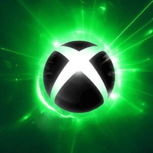 Xbox Games Showcase 2024, logo Xboxa z X na czarnej kuli/gałce, wokół kuli jasnozielone tło, w dali ciemnozielone