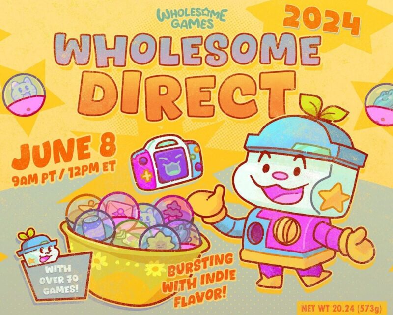 Wholesome Direct 2024, widzimy dziwnego ludzika wyglądającego jak pianka marshmallow i robot w jednym, stoi przed zółtym kosztem z różnymi rzeczami, w tle żółta ściana, i na górze nazwa wydarzenia