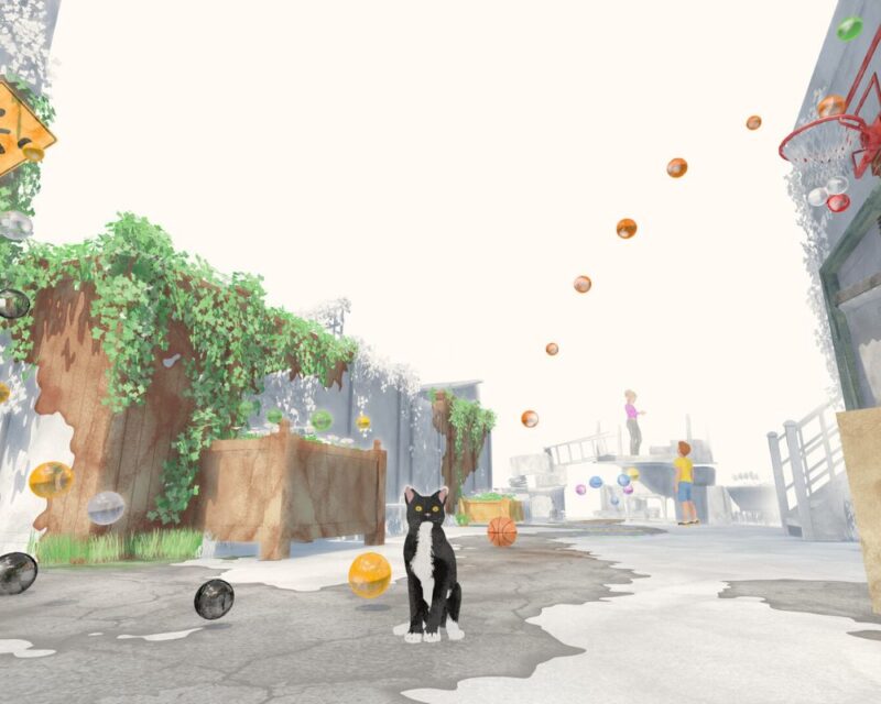 keyart promujący grę Été, widzimy na nim białe niebo, niepokolorowane, na dole obrazka, na szarym chodniku, na pierwszym planie siedzi kot. Wokół niego wyrastają pojedyncze pomalowane drzewa