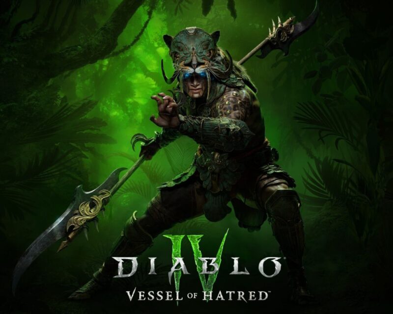 Diablo IV: Vessel of Hatred, grafika promująca grę, na czarnym tle w zielonej poświacie stoi postać w pozie przygotowania do ataku, jest ubrana w specyficzny strój, a la zwierzęcy?, ma broń w ręku i lamparcie cętki na skórze