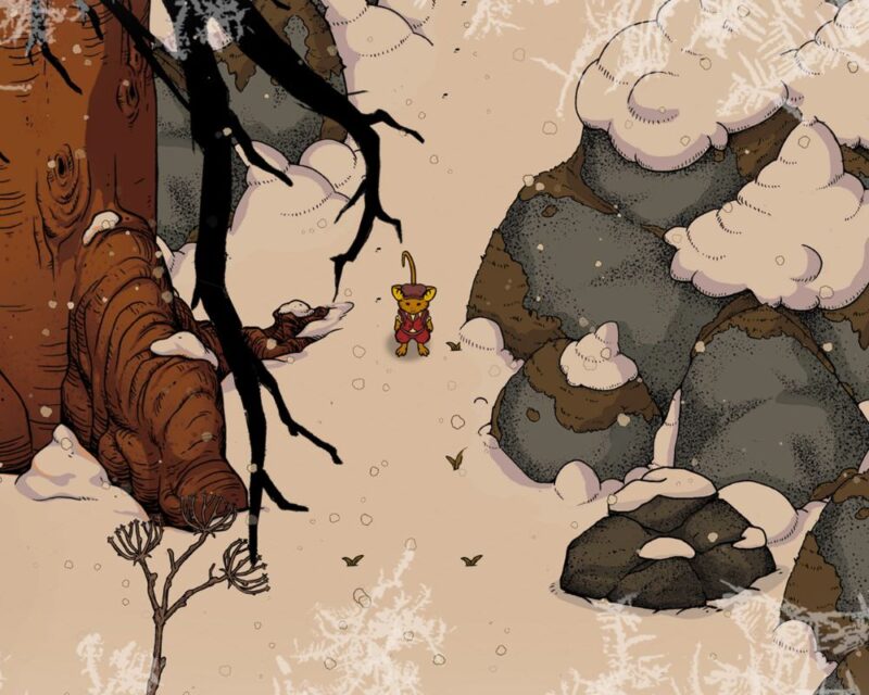 Winter Burrow na pokazie Xbox Games Showcase 2024. na obakzu widzimy rzut z góry na biało-brązową krainę, a na środku stoi myszka