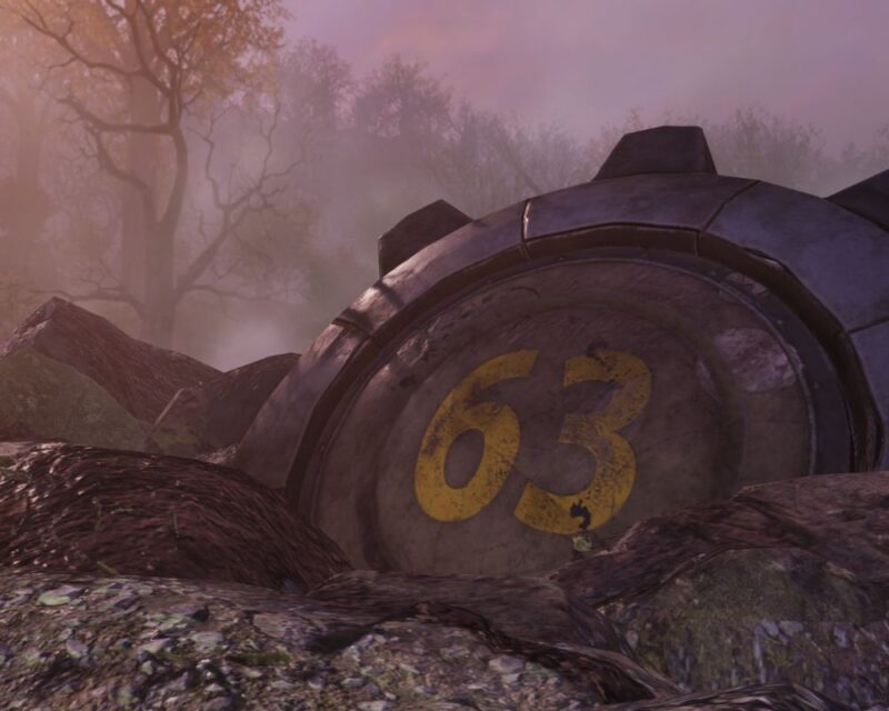 Fallout 76: Skyline Valley aktualizacja, na obrazku widzimy pozostalości prawdopodobnie po bombie z numerem 63