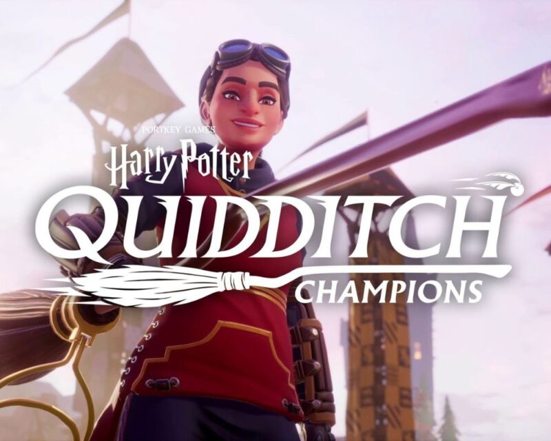 Harry Potter: Quidditch Champions, keyart z dziewczyną w kostiumie do Quidditcha z miotłą w ręku, na środku napis z tytułem gry