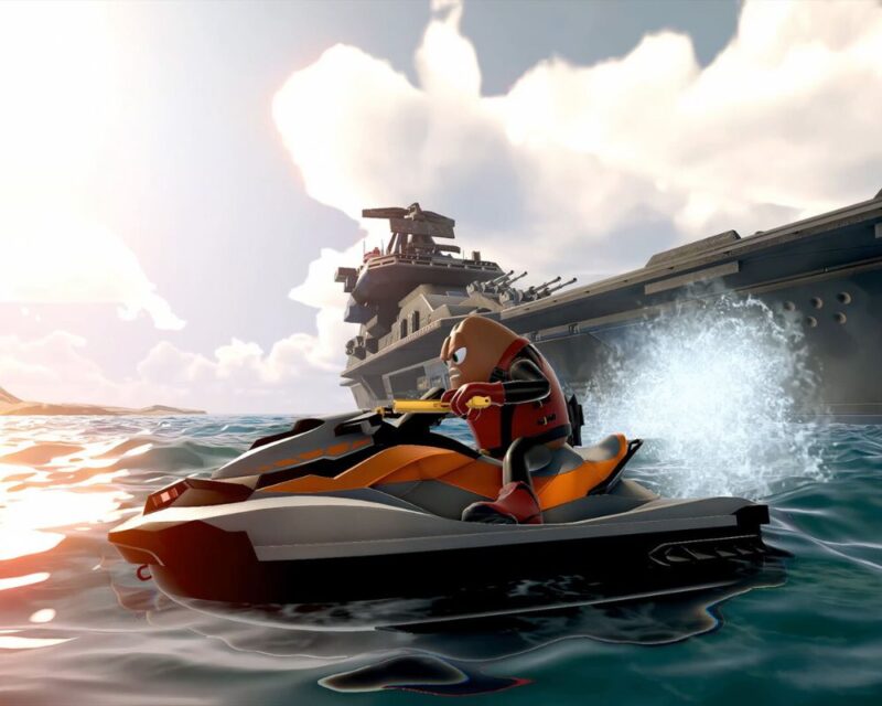 screenshot z gry Killer Bean, widzimy ziarno kawy z oczami (główna postać) siedzące na motorówce płynącej po wodzie, w bliskim tle wielki statek