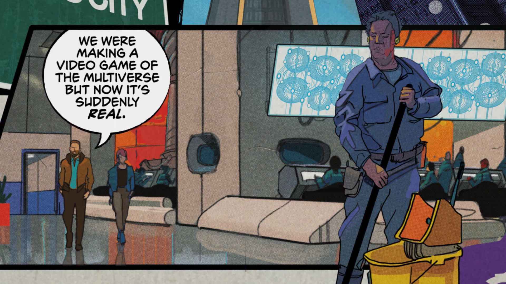 Zdjęcie przedstawia zrzut ekranu z gry Alan Wake 2: Night Springs. Całość jest utrzymana w konwencji komiksu. Na pierwszym planie widać mężczyznę - dozorcę Ahtiego, znanego z gier studia Remedy.