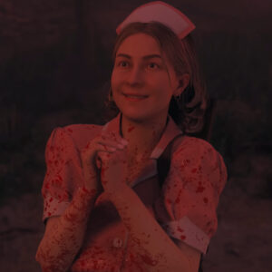 Zrzut ekranu z gry Alan Wake 2: Night Springs. Przedstawia kobietę - Rose Marigold. Jest zakrwawiona i uśmiechnięta, wpatruje się w coś z zachwytem.