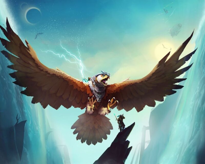 Wielki ptak na tle nieba, pod nim skała, a niej człowiek