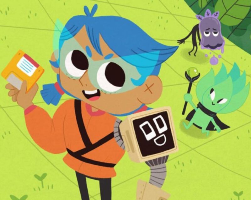 Dziewczyna z bitycznym ramieniem, a za nią fantastyczne stworki