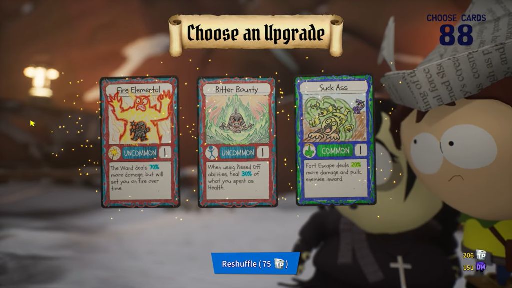 Screen z gry South Park: Snow Day! Karty, które można wybrać i potem zastosować w rozgrywce.