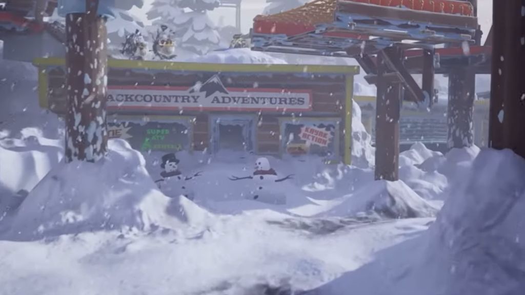 Screen z gry South Park: Snow Day. Widać sklep, bałwany, wszystko w śniegu.