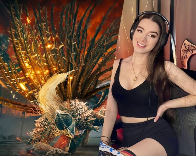 Po prawej stronie widnieje postać z gry Elden Ring: Shadow of the Erdtree, ubrana w bogato zdobioną zbroję. Po lewej, zdjęcie streamerki MIssMikkaa.