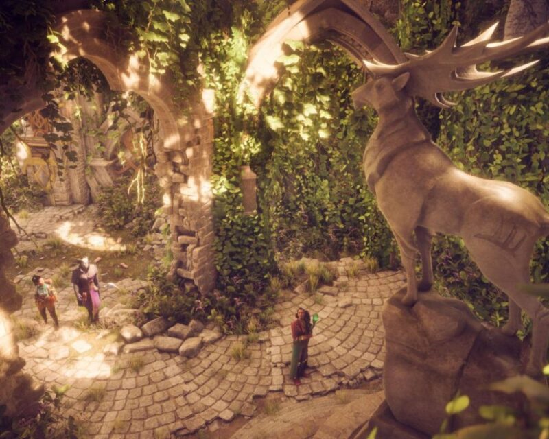 Dragon Age The Veilguard, liczba kwestii dialogowych, na obrazku widać ruiny skąpane w słońcu, kolorystyka jest ciepła, spomiędzy ruin przebija zielona roślinność, a wśród nich widać małe postaci bohaterów gry