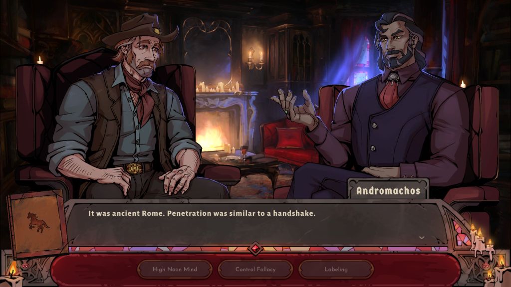 Screen z gry Vampire Therapist - dwaj mężczyźni siedzą na fotelach i rozmawiają, w tle pali się drewno w kominku.