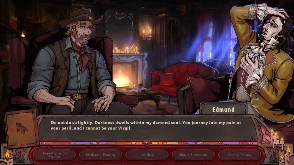 Główny bohater rozmawia w gabinecie z aktorem z problemami