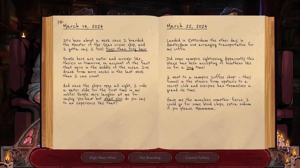 Screen z gry Vampire Therapist - widok dziennika głównego bohatera