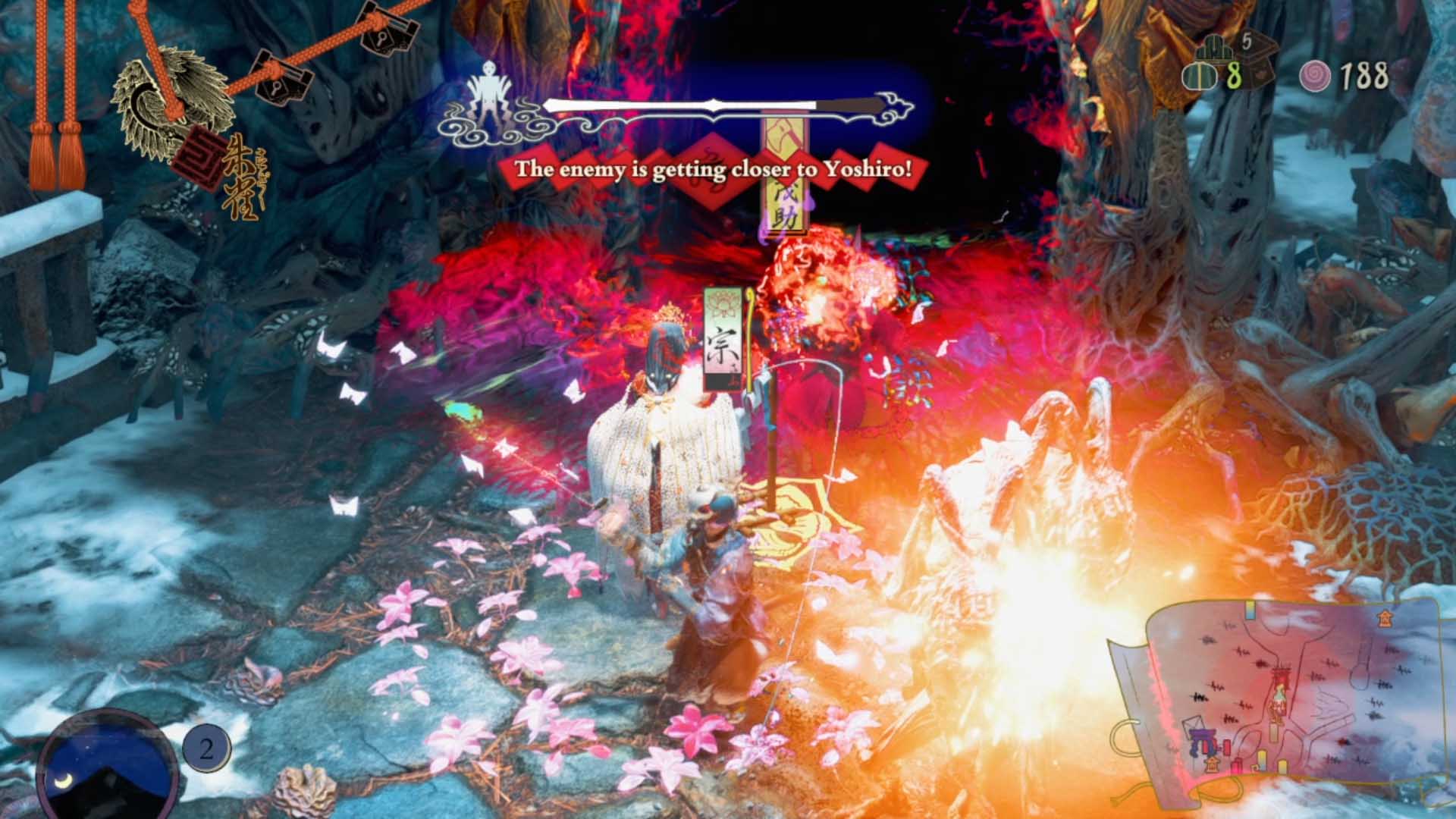 Niefortunna obrona Yoshiro w Kunitsu–Gami: Path of the Goddess tuż pod portalem z demonami.