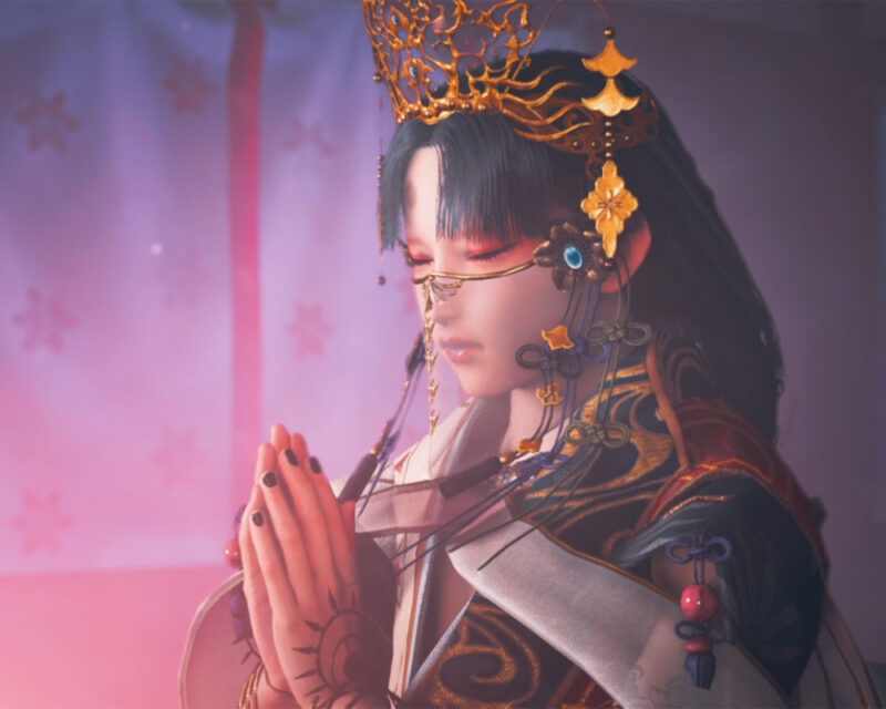 Kapłanka Yoshiro z Kunitsu–Gami: Path of the Goddess w pozie do modlitwy