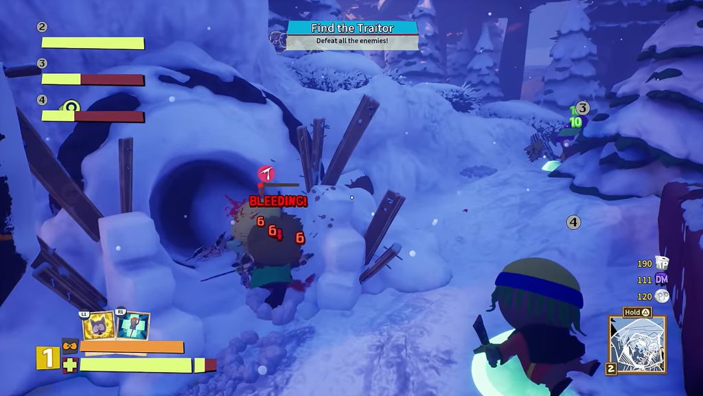 Screen z gry South Park: Snow Day! Postaci walczą ze sobą. W tle śnieżyca, na ekranie widać punkty życia bohaterów.