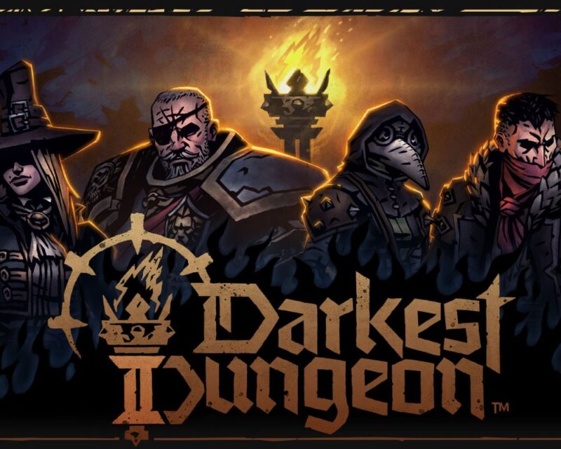Obrazek przedstawia czterech bohaterów drugiej części gry Darkest Dungeon. Jedną z postaci to kobieta w kapeluszu czarownicy, druga postać ma założoną maskę plagi, trzecia to umięśniony siwy mężczyzna z przepaską na oku. Czwarty bohater to również mężczyzna, brunet z zakrytymi chustą ustami.