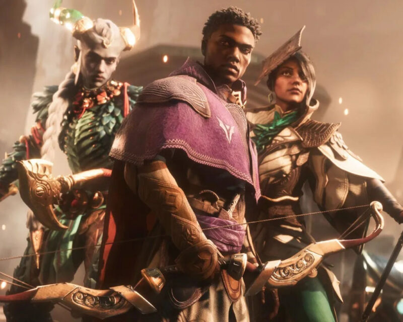 Grafika promująca grę Dragon Age: The Veilguard. W centrum widzimy protagonistę, Rooka, trzymającego łuk. Za nim znajdują się jego kompanki – Taash i Neve.