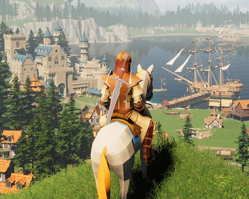 Zrzut ekranu z gry Dungeons and Kingdoms. Protagonista siedzi na koniu i spogląda na swoje królestwo znad wzgórza.