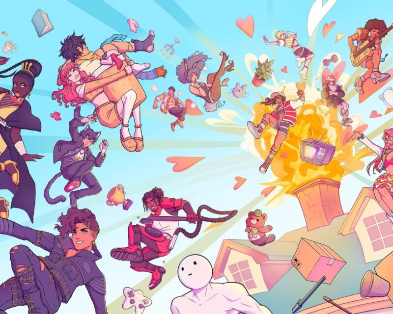 Ilustracja promocyjna z gry Date Everything. Grupa postaci wyskakuje z wybuchającego komina, na tle niebieskiego nieba. Pomiędzy nimi latają serduszka.