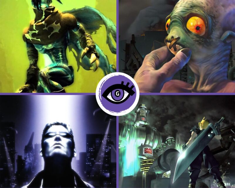 Grafika przedstawia arty promocyjne z gier Deus Ex, Legacy of Kain: Soul Reaver, Final Fantasy VII oraz Oddworld: Abe's Oddysee
