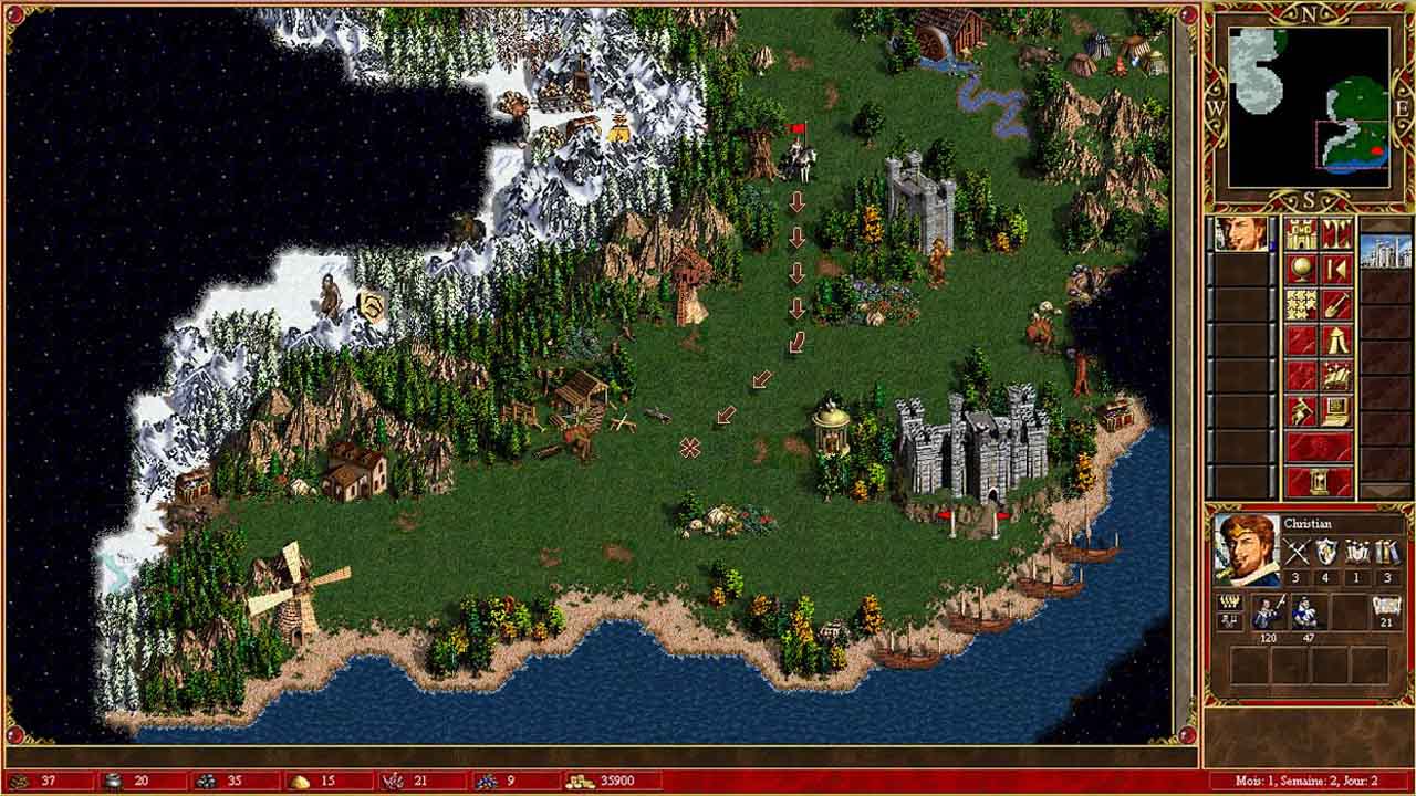 grafika prezentuje ekran mapy świata w jednej z kampanii w grze Heroes of Might & Magic 3