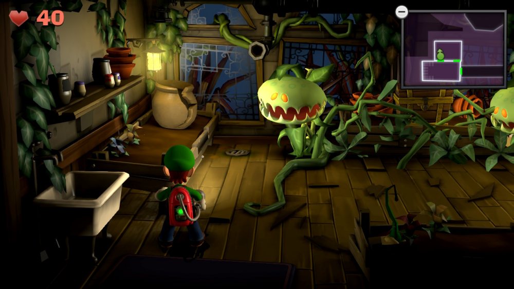 Screen z gry Luigi's Mansion 2 HD – mięsożerna roślina i Luigi