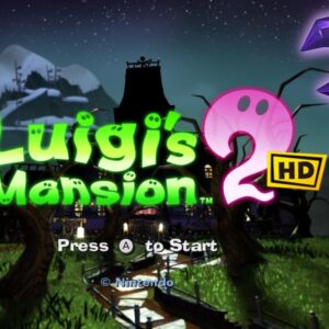 Ekran startowy gry Luigi's Mansion 2 HD – widzimy na nim duży napis z tytułem gry oraz mroczną posiadłość w tle