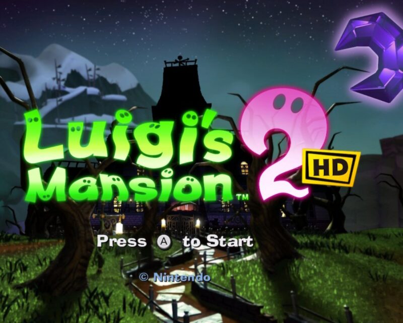 Ekran startowy gry Luigi's Mansion 2 HD – widzimy na nim duży napis z tytułem gry oraz mroczną posiadłość w tle
