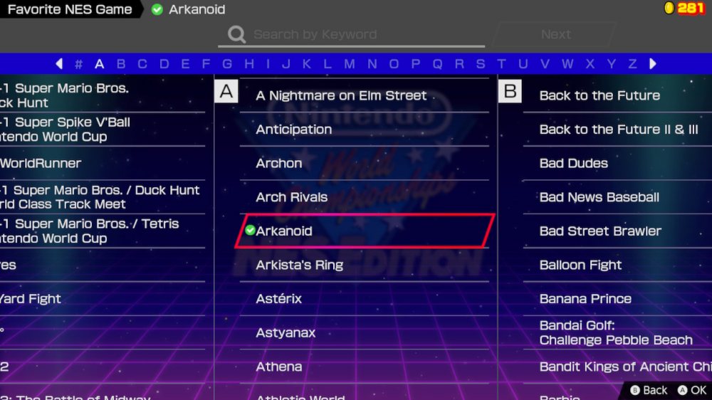 Ekran edycji profilu w grze NWC: NES Edition – gracz może wybrać ulubioną grę Nintendo.