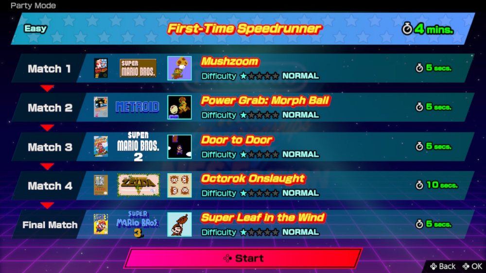 Screen z listą gier w trybie Party Mode gry NWC: NES Edition.