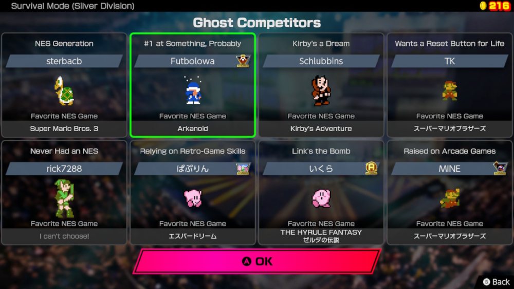 Rozgrywka z duchami w grze Nintendo World Championships – na screenie widzimy listę ośmiu uczestników rozgrywki.