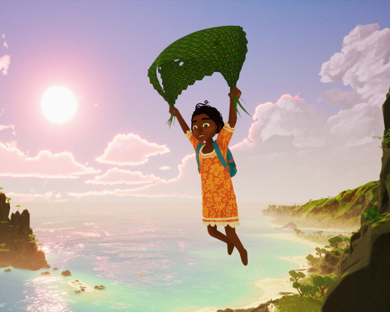 Zrzut ekranu z gry Tchia. Protagonista unosi nad oceanem na paralotni. W tle zachodzi słońce.