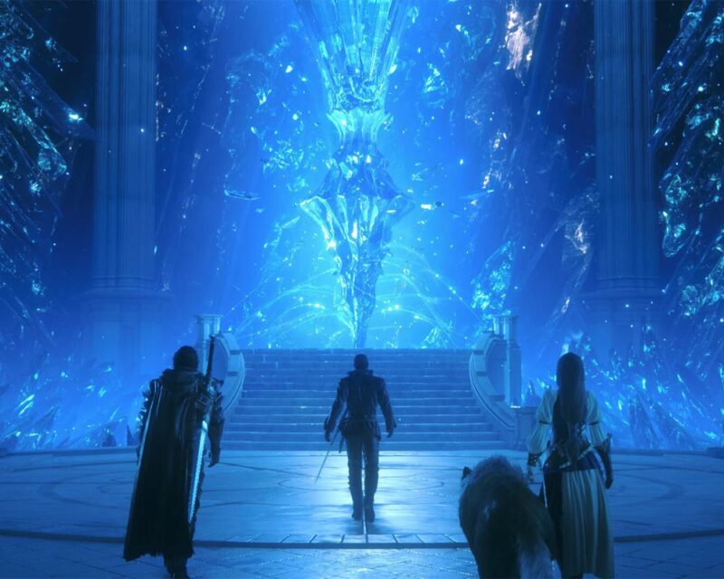 grafika promująca Final Fantasy XVI na PC, widzimy otoczenie pograżone w niebieskim świetle, na środku w głębi jest jakaś dziwna forma wody/światła?, w jej kierunku kroczą trzy postacie
