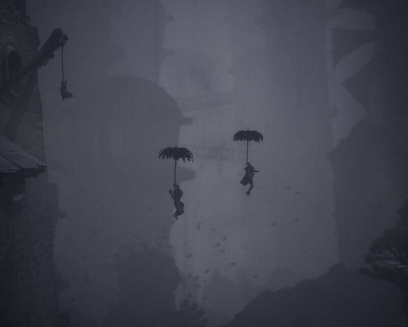 na grafice pochodzącej z gry Little Nightmares 3 widzimy dwie małe postaci unoszące się w powietrzu dzięki rozłożonym parasolom, lecą z lewej ku prawej stronie obrazka, cały obrazek ma odcieni szarości, żadnych kolorów
