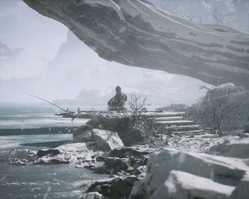 Główny bohater gry Black Myth: Wukong w finałowym zwiastunie. Postać siedzi po turecku na skraju zamarzniętego jeziora pod wielkim drzewem.