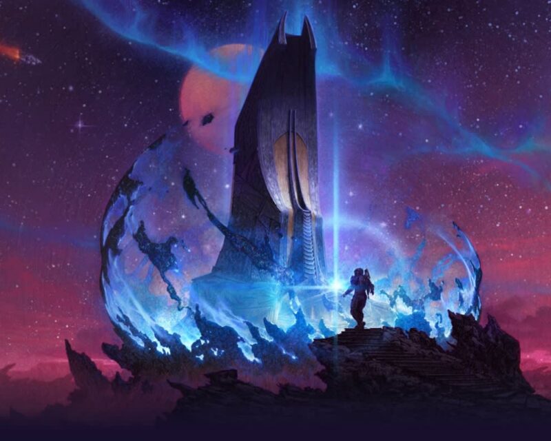 Starfield: Shattered Space – data premiery ogłoszona na gamescomie, na zdjęciu plakat dodatku, tajemnicza konstrukcja w tle, bohater po prawej