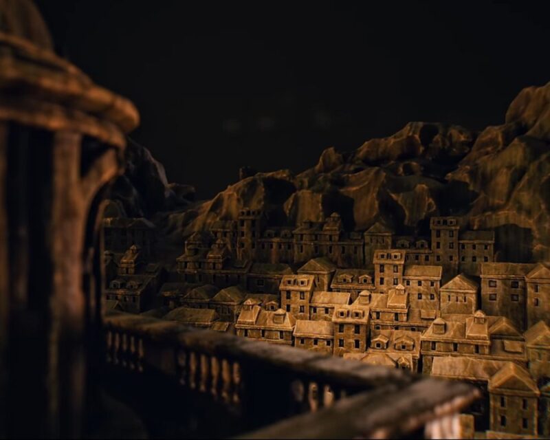 ujęcie z trailera zapowiadającego grę Sid Meier's Civilization VII, widzimy rzut z boku na makietę dawnego miasta