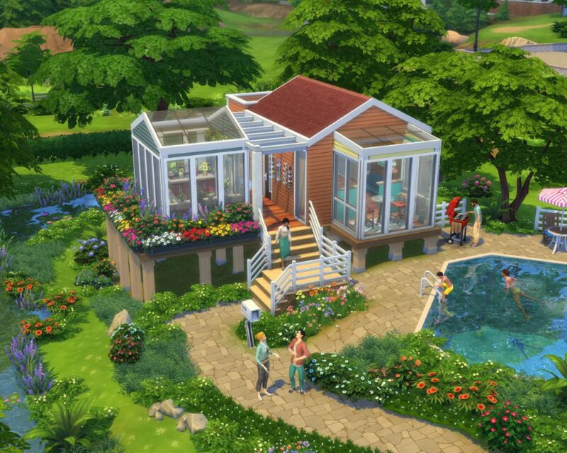 na obrazku widzimy mury zamku, z lewej strony zakończone wieżą i fioletową łąką obok niej w lewo, zaś z prawej strony, bliżej widza, mamy balkon, na którym stoi dwójka simów