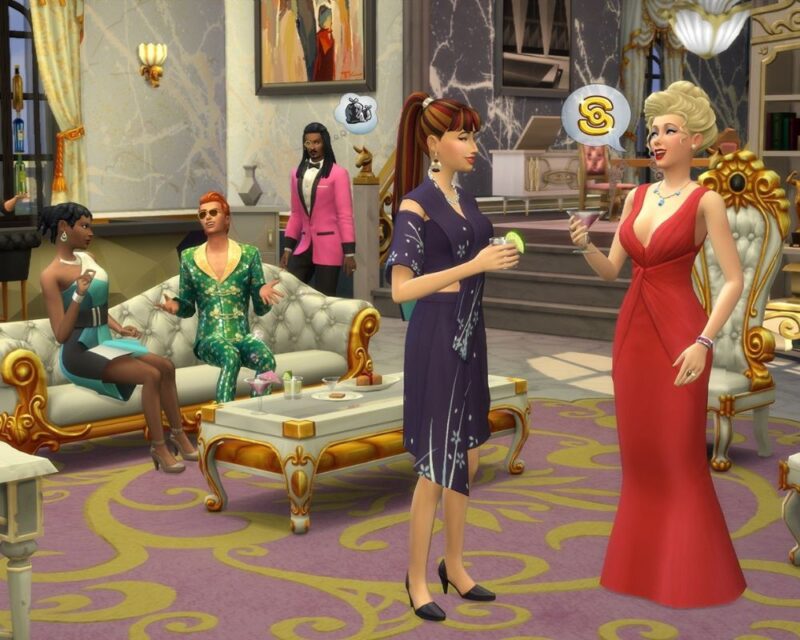 obrazek dla wpisu na temat The Sims 4 – kody na pieniądze, umiejętności, punkty satysfakcji i nieśmiertelność; widzimy na nim kilkoro ludzi w różnym wieku i o różnych płciach, wszyscy znajdują się w bogato zdobionym wnętrzu, na drugim planie kilka osób siedzi na kanapie, na pierwszym zaś dwie elegancko ubrane kobiety rozmawiają o pieniądzach (nad głową jednej z nich wyświetla się ikona pieniądza)