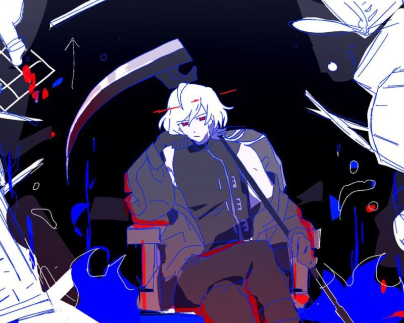 grafika z pierwszej cutscenki A Date with Death, widzimy bladego chłopaka z białymi włosami i w czarnych ubraniach, siedzi na krześle a w lewej dłoni trzyma kosę, dookoła niego ciemność a pod nogami niebieskie płomienie