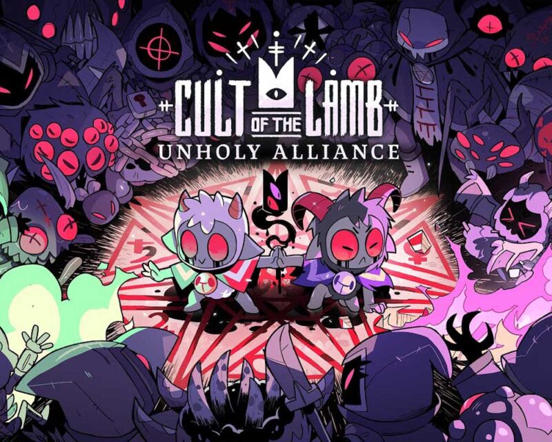 Grafika promująca aktualizację do Cult of The Lamb – Unholy Alliance. Tytułowa owieczka i kozioł są otoczeni przez heretyków, z którymi walczą.