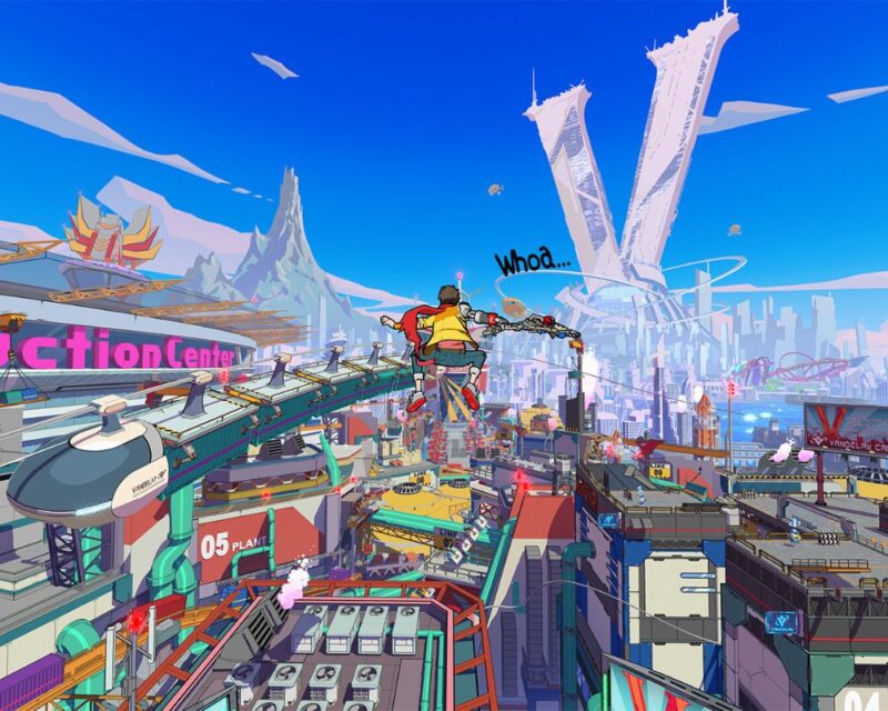 grafika z gry hi-fi rush, widzimy głównego bohatera w locie nad miastem, w tle widzimy różne budynki i wiszącą nad ziemią linię metra