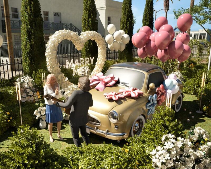 zrzut ekranu z gry inZOI, widzimy parę w ogrodzie ozdobionym zielenią, łukiem ogrodowym w kształcie sera i różowymi balonami, mężczyzna oświadcza się kobiecie