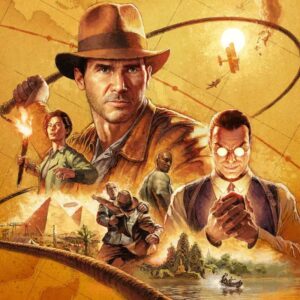 Indiana Jones i Wielki Krąg – ogłoszona data premiery. Na obrazku typowy plakat Indiany Jonesa stylizowany na filmowe, w centrum postać głównego bohatera, z tyłu bicz, wokół niego postacie poboczne