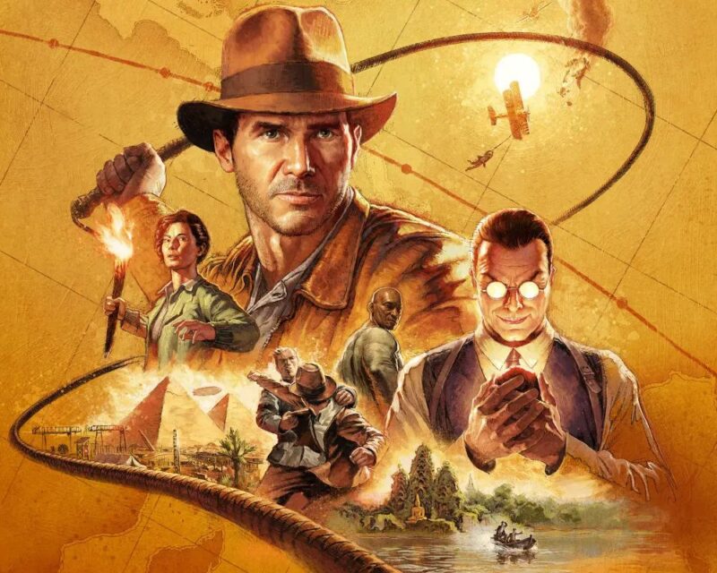 Indiana Jones i Wielki Krąg – ogłoszona data premiery. Na obrazku typowy plakat Indiany Jonesa stylizowany na filmowe, w centrum postać głównego bohatera, z tyłu bicz, wokół niego postacie poboczne