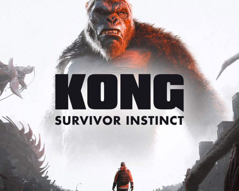 Zapowiedź Kong: Survivor Instinct. Na tle zniszczonego miasta widzimy górującą sylwetkę King Konga oraz stojącego przed nim protagonistę.