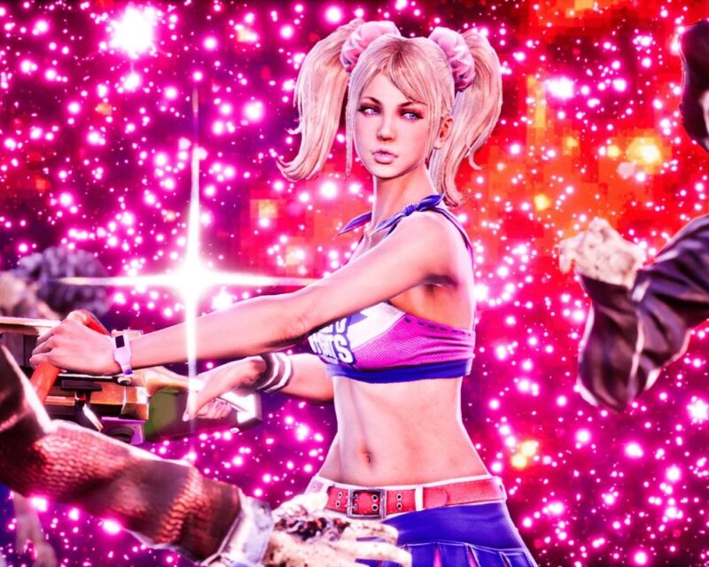 Zrzut ekranu z gry Lollipop Chainsaw RePop. Protagonistka, cheerleaderka Juliet, na brokatowym tle, otoczona jest przez zombie. Jest uzbrojona w piłę mechaniczną.